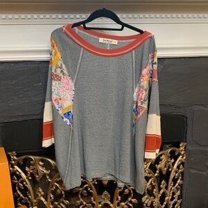 Three Bird Nest Gray and Multicolor Patchwork Long Sleeve Top